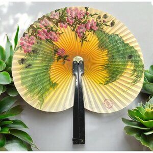 Vintage Hand Held Folding Fan Pink Floral Design Sunset Bees Cherry Blossoms